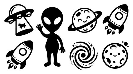 A playful set of black silhouette space themed icons includes an alien waving, happy planets,...