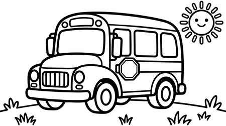 A simple black and white line drawing shows a smiling sun shining over a classic school bus parked...