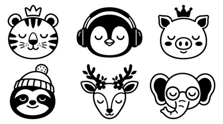 Collection of six black and white minimalist animal face icons featuring tiger with crown pig with crown penguin with headphones sloth with hat deer with flowers and elephant with glasses in modern vector styleのイラスト素材