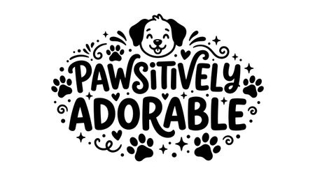 Hand drawn black and white vector design shows a happy dog face above playful pawsitively adorable typography surrounded by paw prints and decorative swirls for pet lover themesのイラスト素材