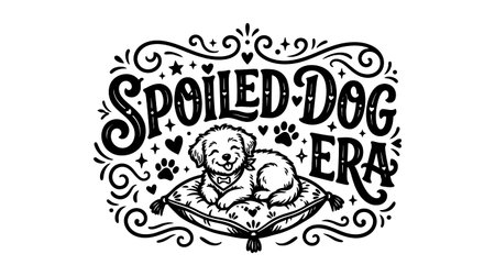 A cheerful dog reclines on a cushioned pillow surrounded by ornate swirls stars hearts and paw prints in a vintage black and white design with playful typography and decorative style.のイラスト素材