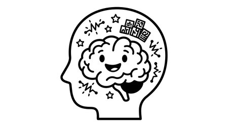 A minimalist vector art showing a smiling brain inside a human head outline surrounded by stars and...