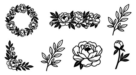 A collection of black line floral vector elements including a wreath, bouquets, branches and peony buds for design projectsのイラスト素材