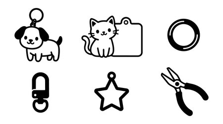 Set of black and white vector icons including a dog keychain, cat tag, ring, carabiner, star charm, and pliers, all in simple line art style.のイラスト素材