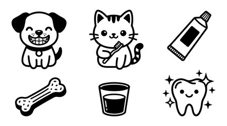 Black and white vector icons showing a smiling dog, a cat brushing its teeth, a toothpaste tube, a bone, a glass of water, and a sparkling clean tooth, all in a simple cartoon style.のイラスト素材