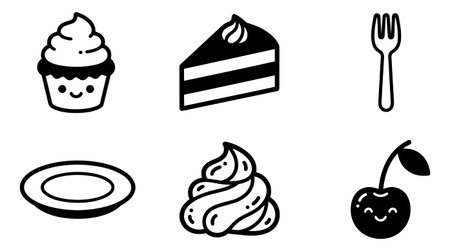 Black and white vector art featuring a smiling cupcake, slice of cake with topping, a fork, a plate,...