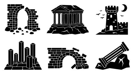 Set of black and white vector icons showing ancient ruins including broken arches, temples with pillars, crumbling walls, city foundations, a medieval tower with birds and crescent moon.のイラスト素材