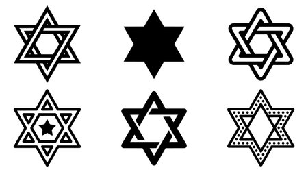 Six black star of david icons in varying line art styles including solid, dotted, intertwined, and...