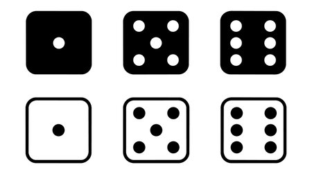 Set of six black and white dice icons featuring the numbers one, five, and six in solid and outline...