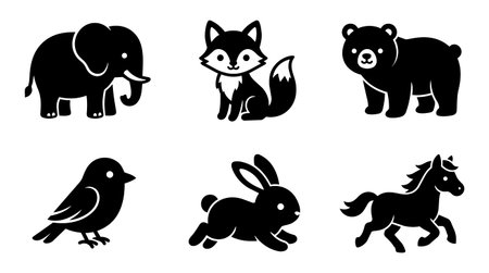 Six black silhouettes of common animals arranged in a grid style on white background suitable for...