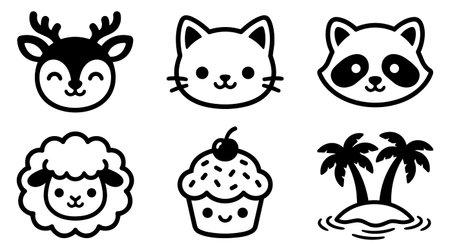 A black and white vector collage with a deer cat panda sheep a cupcake and a tiny island with palm...