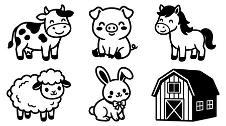 Black and white line art depicting cow, pig, horse, sheep, rabbit and barn in a playful rural scene.のイラスト素材