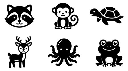 Six playful animal silhouettes in solid black on white featuring raccoon, monkey, turtle, deer,...