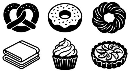 Black and white vector icons of bakery treats plus a napkin stack for design projectsのイラスト素材