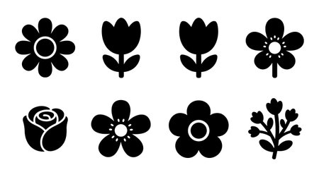 Eight black flower silhouettes in a flat vector set arranged as simple icons for decorative use and graphic projectsのイラスト素材