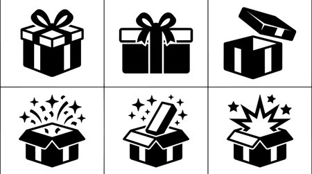 A set of black and white gift box icons in different states drawn as clean vector line art with ribbons and open lidsのイラスト素材