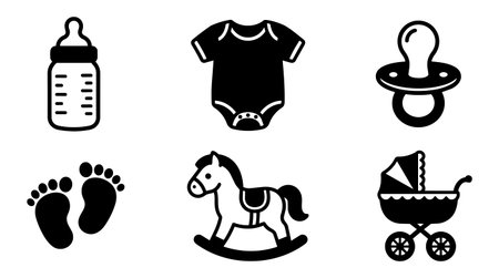 A clean vector line art collection of baby icons including bottle pacifier onesie footprints rocking horse and pram.のイラスト素材