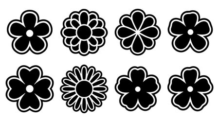 A monochrome set of eight flower motifs in bold line artのイラスト素材