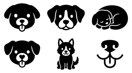 Set of six black and white dog vector icons featuring playful faces, a sleeping dog, a sitting puppy, and a dog nose with tongue in simple line art style.のイラスト素材