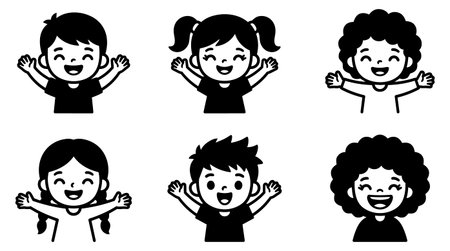 Smiling children with different hairstyles raise their arms happily in a black and white line art vector illustration.のイラスト素材