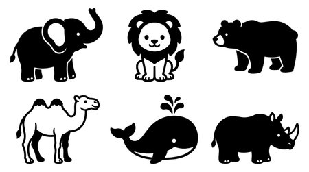 Simple black and white vector silhouettes of six animals including an elephant, lion, bear, camel, whale with water splash, and rhinoceros in a clean flat style.のイラスト素材