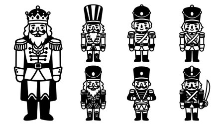 Set of black and white nutcracker soldier characters in various uniforms including a king with...