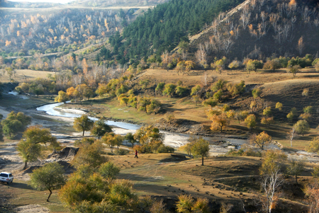 Landscape view of a grassland in Inner Mongolia during autumnの写真素材