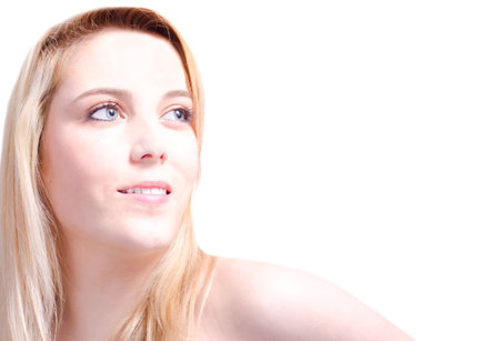 Beautiful blonde  woman in white background with copy spaceの写真素材