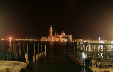 venice byu night from a dock with a view to the churchの写真素材