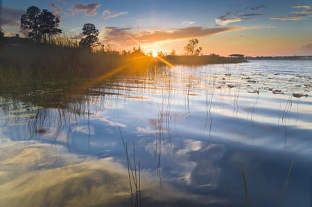 Sunset on a lake with reflection of sky in the water