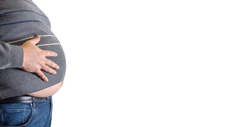 unrecognizable fat man belly with copy space and white background