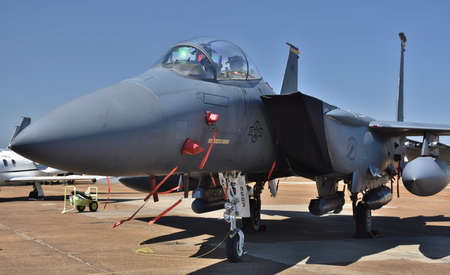 An Air Force F-15 Eagle fighter jet on a runway