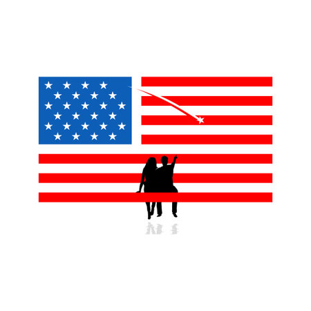 Flag American and Couple looking falling star at night skylineのイラスト素材