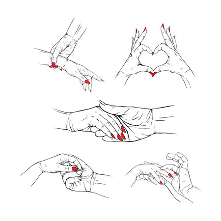 Set love, romatic, couple, valentine red neils hand collection drawn gesture sketch vector illustration line artのイラスト素材