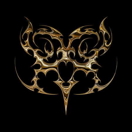 3d chrome metal effect neo tribal y2k gothic style tattoo. Cyber sigilism heart design element.