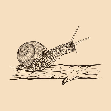 Snail on tree hand drawn. Vintage line engraving style. Vector illustrationのイラスト素材