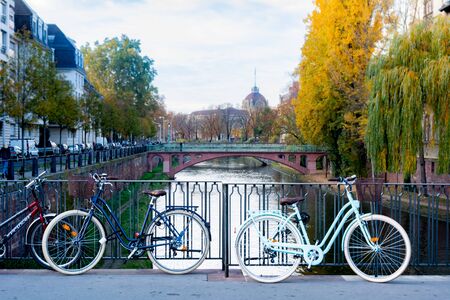 Strasbourg, Alsace / France - November 9, 2018: two blue bikes, urban cityscape viewのeditorial素材
