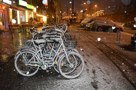 Strasbourg, Alsace / France - November 9, 2018: two blue bikes, urban cityscape viewのeditorial素材