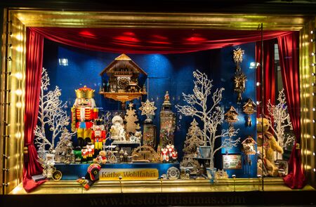 Berlin, Berlin / Germany - November 21, 2015: Showcase in Berlin of a shop of typical German Christmas decoration products called Kathe Wohlfahrt, original store from Bavaria.のeditorial素材
