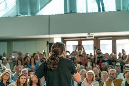 Palma de Mallorca, Spain / November 01, 2019: Political meeting of the leader of the political party Podemos, Pablo Iglesias speaking at the Palacio de Congresos, ahead of the November 10 electionsのeditorial素材