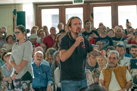Palma de Mallorca, Spain / November 01, 2019: Political meeting of the leader of the political party Podemos, Pablo Iglesias speaking at the Palacio de Congresos, ahead of the November 10 electionsのeditorial素材