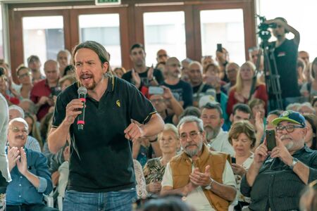 Palma de Mallorca, Spain / November 01, 2019: Political meeting of the leader of the political party Podemos, Pablo Iglesias speaking at the Palacio de Congresos, ahead of the November 10 electionsのeditorial素材