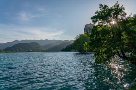 Sunset landscape in Bled lake on a clear summer day