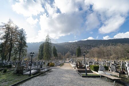 Sinaia, Prahova, Romania - November 19, 2019: View of the Sinaia Setu municipal cemetery, without people, near Bucegi Natural Park.のeditorial素材