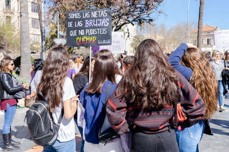 Palma de Mallorca, Spain - March 08, 2020: International Women's Day. Group of young girls...