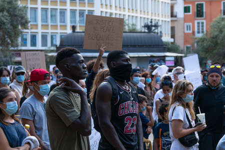Palma, Majorca, Spain - June 7, 2020: Demonstration against racism, people holding placards and asking for justiceのeditorial素材