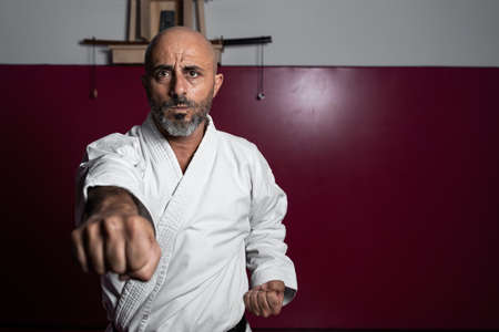 Karate master in powerful position, practicing martial arts in his dojoの写真素材
