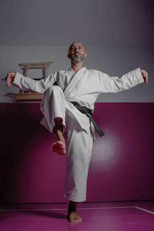 Karate master in powerful position, practicing martial arts in his dojoの写真素材