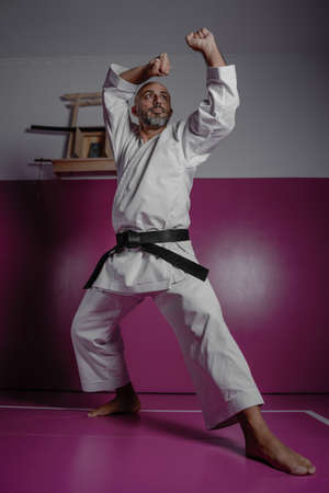 Karate master in powerful position, practicing martial arts in his dojoの写真素材
