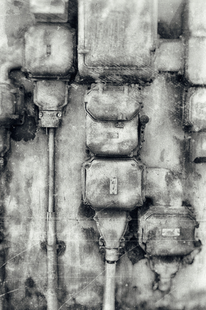Old electrical cabinet textured in grey tones with scratches.の写真素材